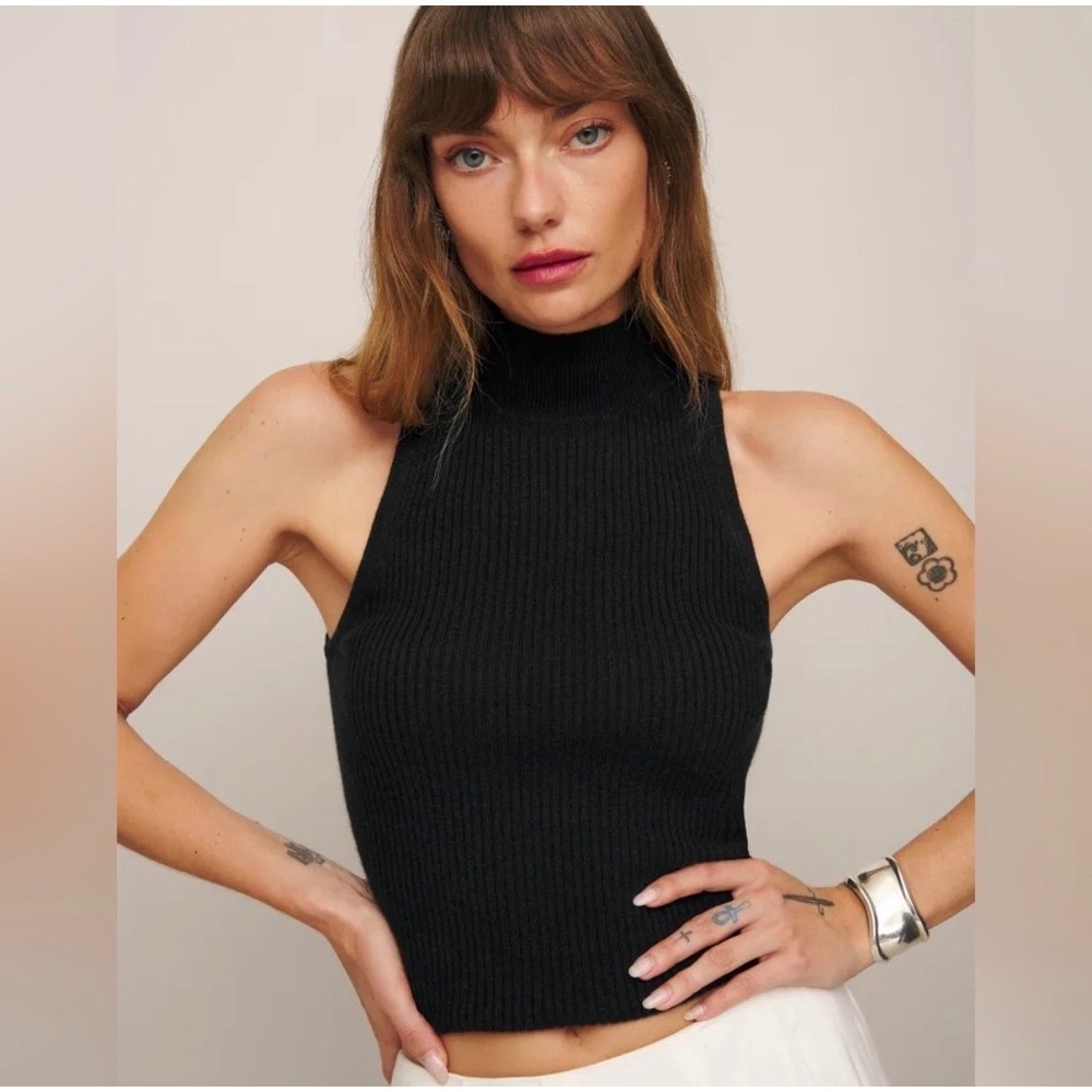 Reformation Black Ribbed Mock Neck Sleeveless Crop Top XS Tencel Organic Cotton